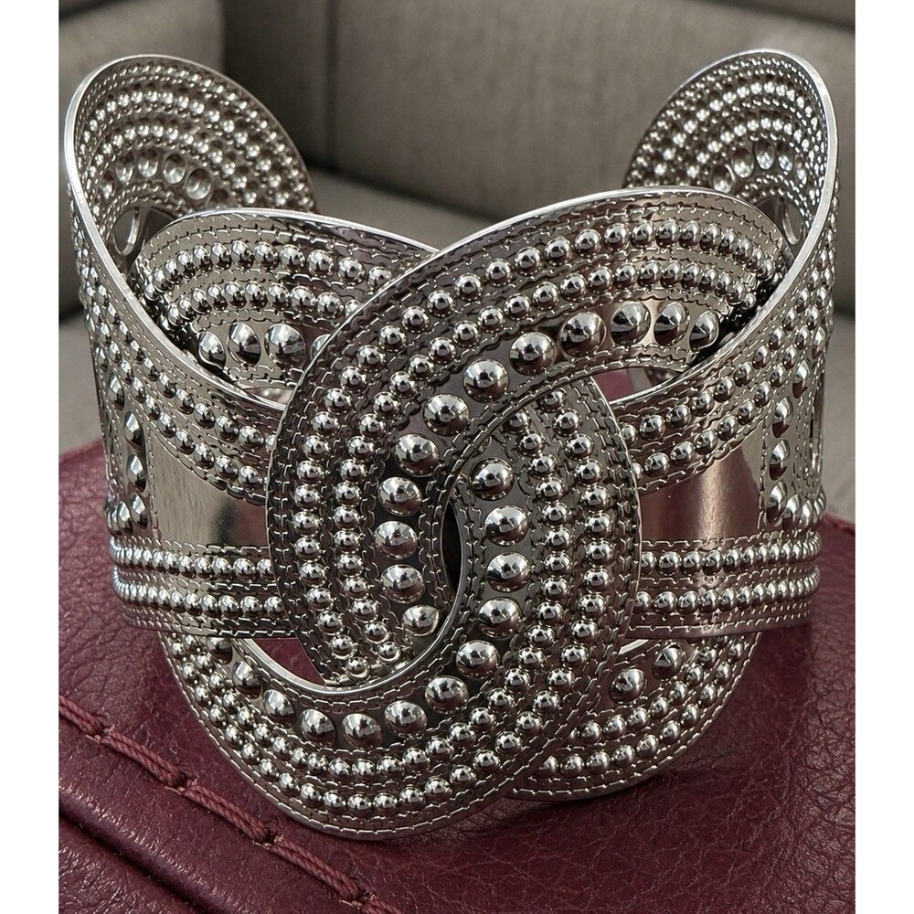 Y2K Gothic Interwoven Circle Cuff Bracelet Light Silver Tone Adjustable Boho